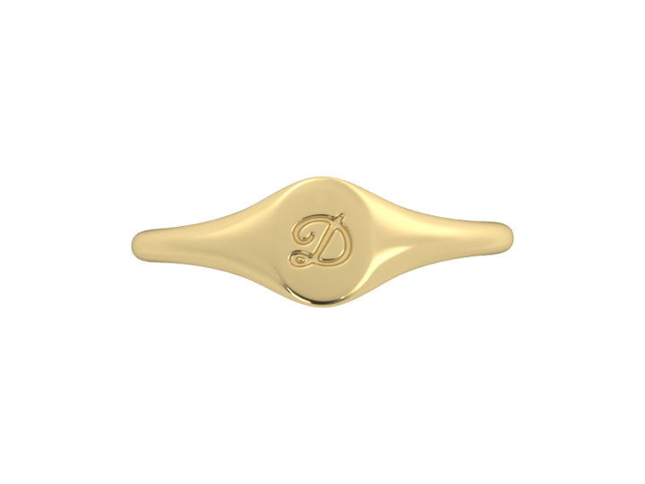 Minimalist ladies’ signet ring with custom script initial in solid 14K yellow gold. Dainty, heirloom-quality personalized jewelry for women.