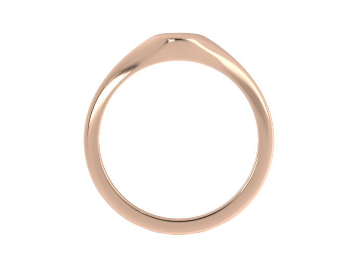 Minimalist ladies’ signet ring with custom script initial in solid 14K rose gold. Dainty, heirloom-quality personalized jewelry for women.