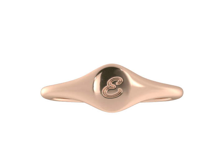 Minimalist ladies’ signet ring with custom script initial in solid 14K rose gold. Dainty, heirloom-quality personalized jewelry for women.