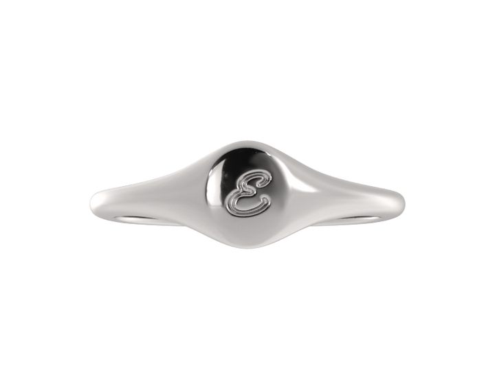 Minimalist ladies’ signet ring with custom script initial in solid gold or silver. Dainty, heirloom-quality personalized jewelry for women.