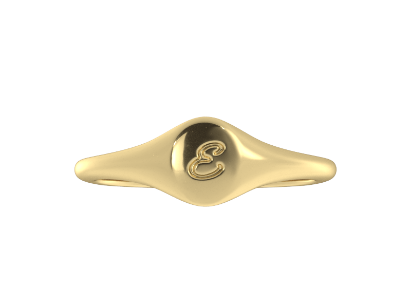 Minimalist ladies’ signet ring with custom script initial in solid 14K yellow gold. Dainty, heirloom-quality personalized jewelry for women.