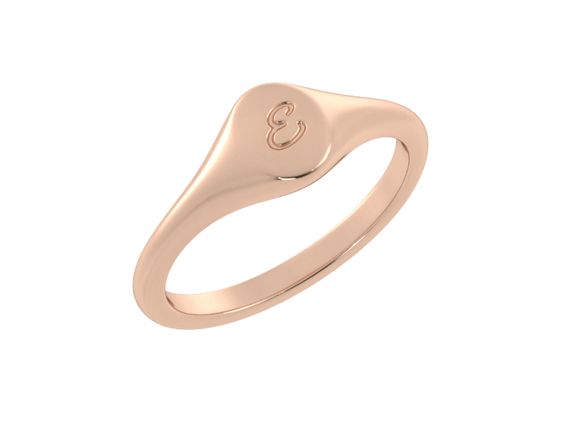 Minimalist ladies’ signet ring with custom script initial in solid 14K rose gold. Dainty, heirloom-quality personalized jewelry for women.