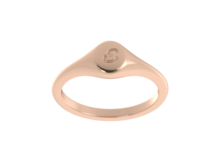 Minimalist ladies’ signet ring with custom script initial in solid 14K rose gold. Dainty, heirloom-quality personalized jewelry for women.