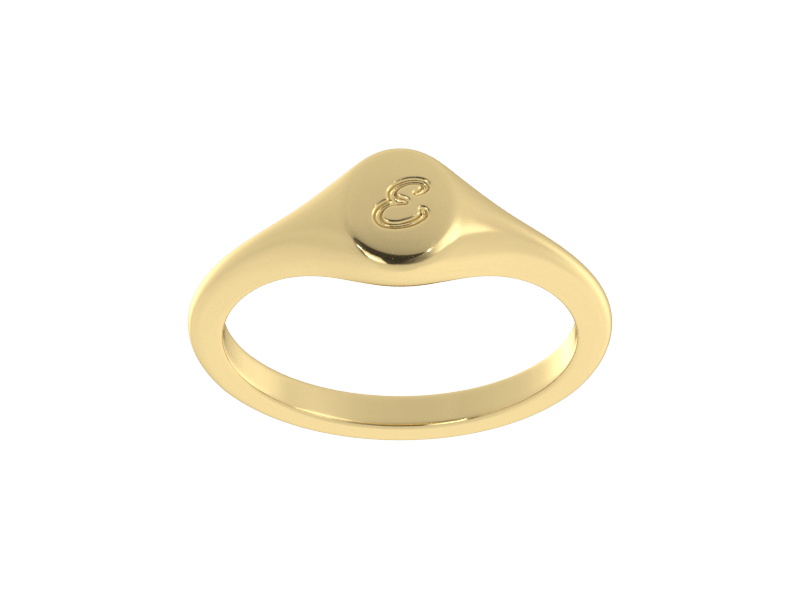 Minimalist ladies’ signet ring with custom script initial in solid 14K yellow gold. Dainty, heirloom-quality personalized jewelry for women.