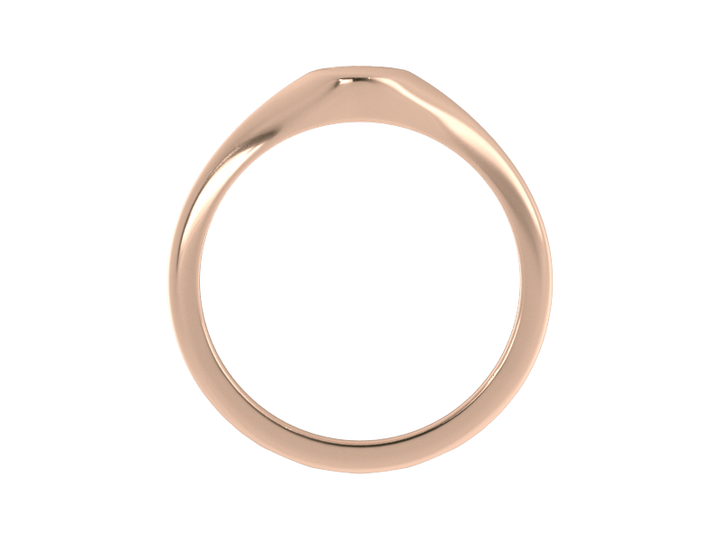 Minimalist ladies’ signet ring with custom script initial in solid 14K rose gold. Dainty, heirloom-quality personalized jewelry for women.