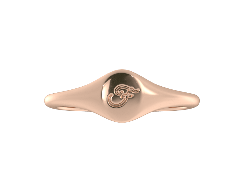 Minimalist ladies’ signet ring with custom script initial in solid 14K rose gold. Dainty, heirloom-quality personalized jewelry for women.