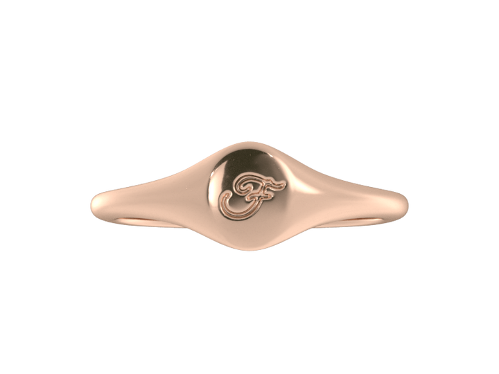 Minimalist ladies’ signet ring with custom script initial in solid 14K rose gold. Dainty, heirloom-quality personalized jewelry for women.