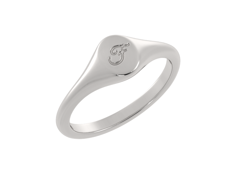 Minimalist ladies’ signet ring with custom script initial in solid gold or silver. Dainty, heirloom-quality personalized jewelry for women.
