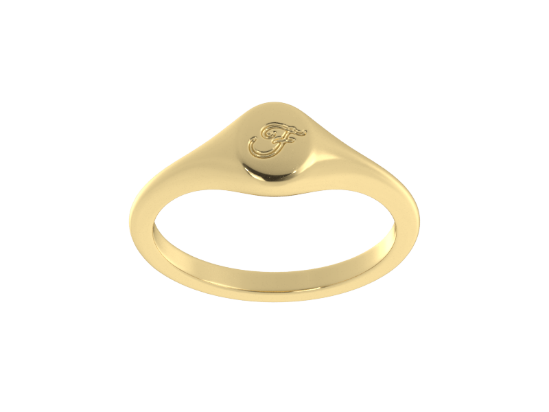 Minimalist ladies’ signet ring with custom script initial in solid 14K yellow gold. Dainty, heirloom-quality personalized jewelry for women.