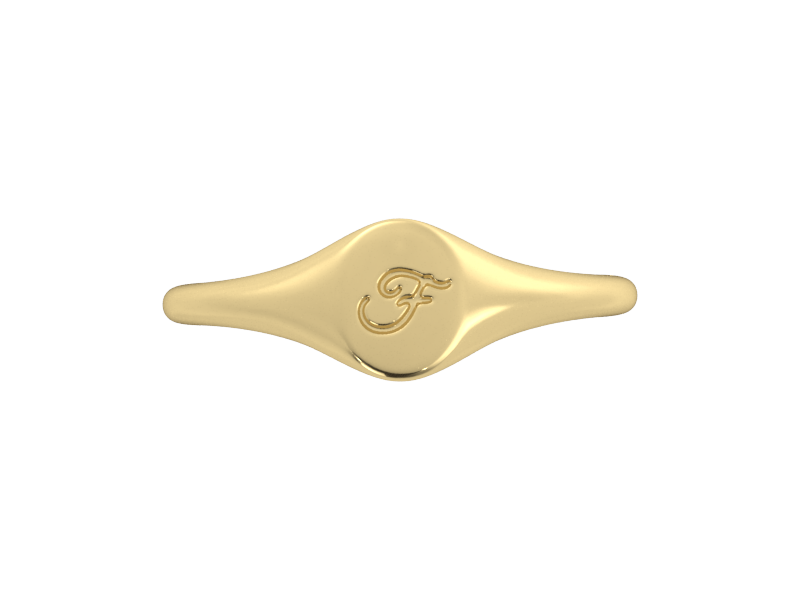 Minimalist ladies’ signet ring with custom script initial in solid 14K yellow gold. Dainty, heirloom-quality personalized jewelry for women.