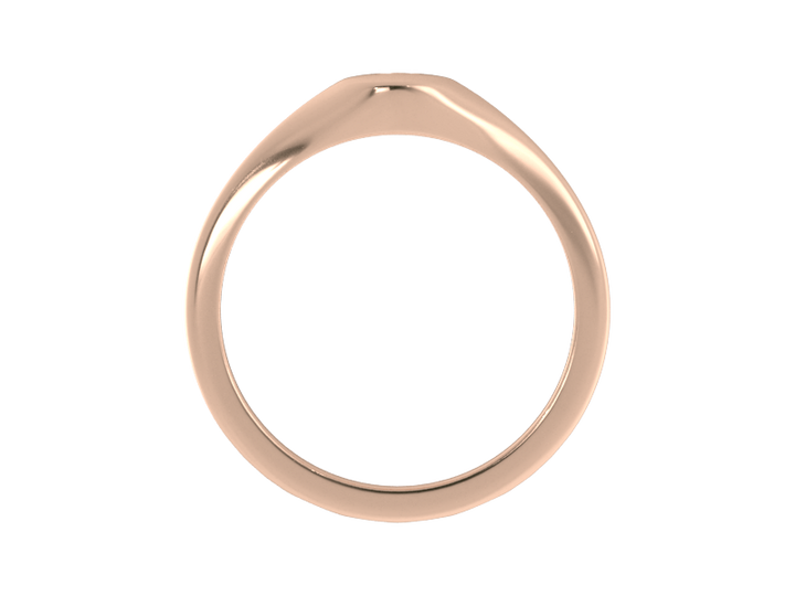 Minimalist ladies’ signet ring with custom script initial in solid 14K rose gold. Dainty, heirloom-quality personalized jewelry for women.