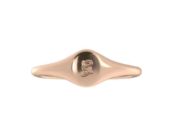 Minimalist ladies’ signet ring with custom script initial in solid 14K rose gold. Dainty, heirloom-quality personalized jewelry for women.
