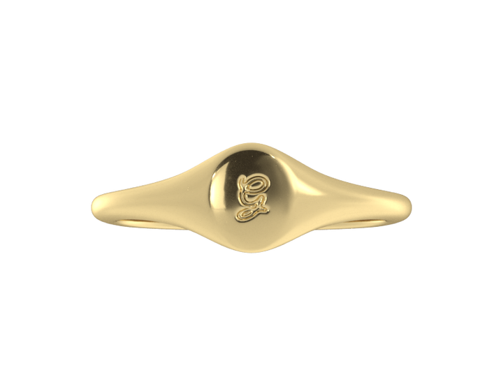 Minimalist ladies’ signet ring with custom script initial in solid 14K yellow gold. Dainty, heirloom-quality personalized jewelry for women.