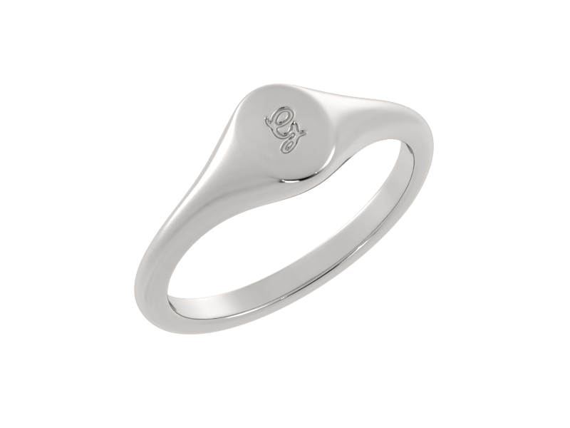 Minimalist ladies’ signet ring with custom script initial in solid gold or silver. Dainty, heirloom-quality personalized jewelry for women.