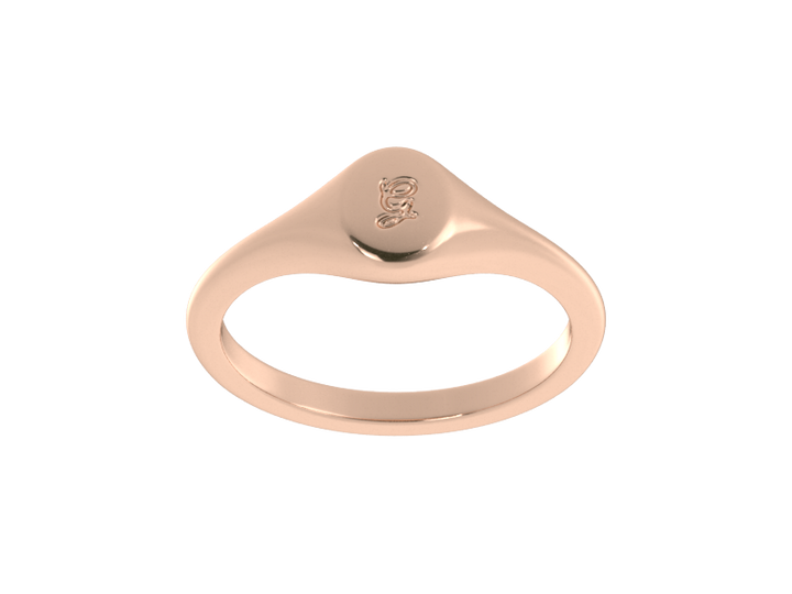 Minimalist ladies’ signet ring with custom script initial in solid 14K rose gold. Dainty, heirloom-quality personalized jewelry for women.