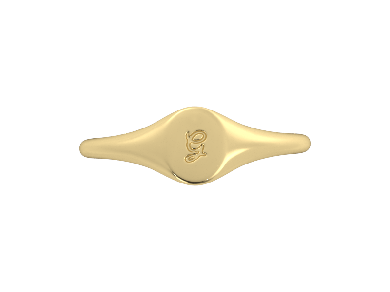 Minimalist ladies’ signet ring with custom script initial in solid 14K yellow gold. Dainty, heirloom-quality personalized jewelry for women.