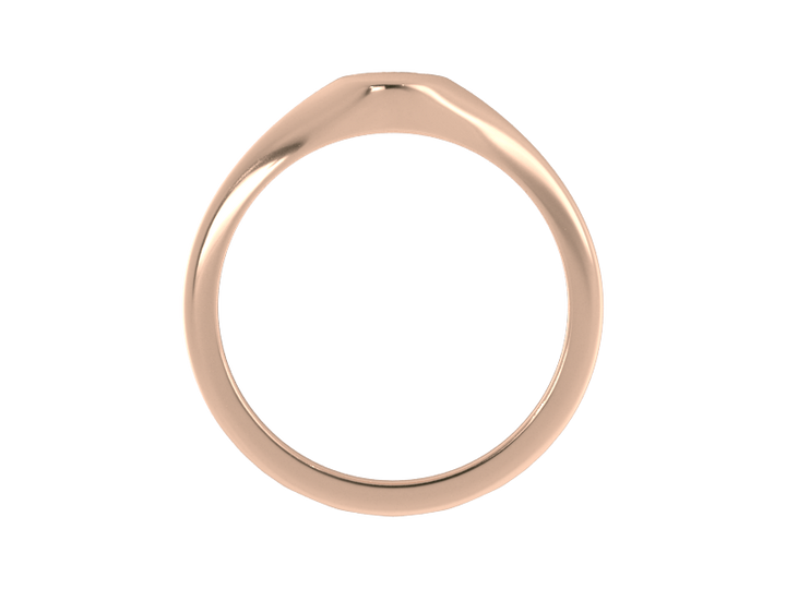 Minimalist ladies’ signet ring with custom script initial in solid 14K rose gold. Dainty, heirloom-quality personalized jewelry for women.