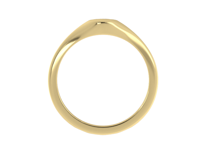 Minimalist ladies’ signet ring with custom script initial in solid 14K yellow gold. Dainty, heirloom-quality personalized jewelry for women.