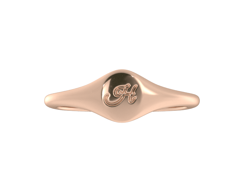 Minimalist ladies’ signet ring with custom script initial in solid 14K rose gold. Dainty, heirloom-quality personalized jewelry for women.