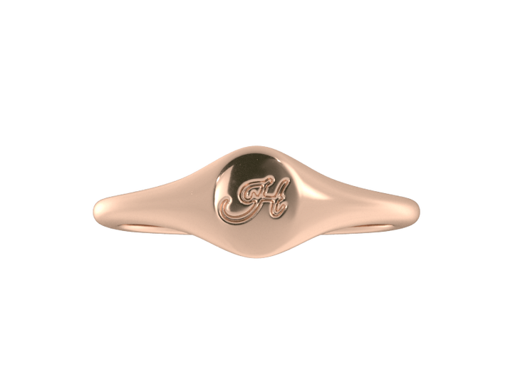 Minimalist ladies’ signet ring with custom script initial in solid 14K rose gold. Dainty, heirloom-quality personalized jewelry for women.