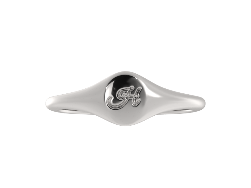 Minimalist ladies’ signet ring with custom script initial in solid gold or silver. Dainty, heirloom-quality personalized jewelry for women.