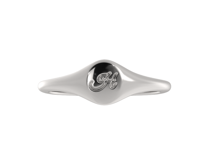 Minimalist ladies’ signet ring with custom script initial in solid gold or silver. Dainty, heirloom-quality personalized jewelry for women.