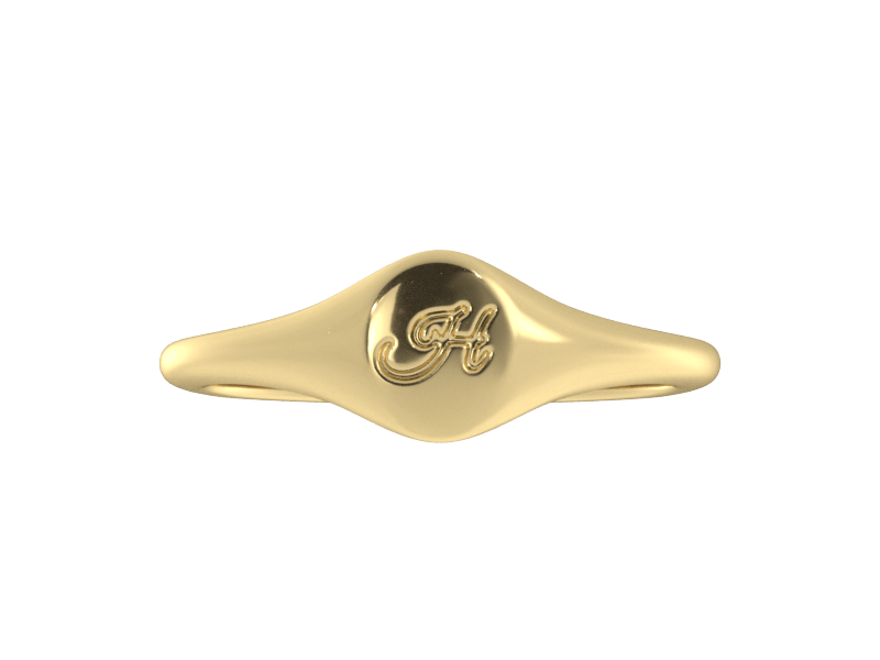 Minimalist ladies’ signet ring with custom script initial in solid 14K yellow gold. Dainty, heirloom-quality personalized jewelry for women.