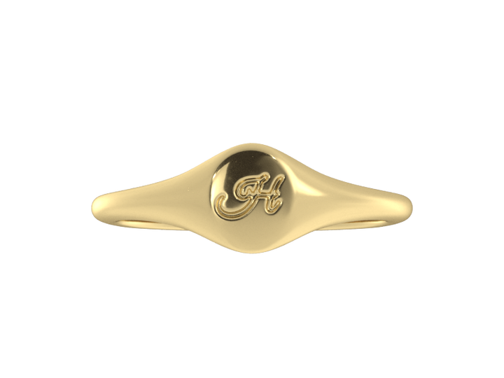 Minimalist ladies’ signet ring with custom script initial in solid 14K yellow gold. Dainty, heirloom-quality personalized jewelry for women.