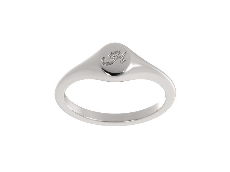 Minimalist ladies’ signet ring with custom script initial in solid gold or silver. Dainty, heirloom-quality personalized jewelry for women.
