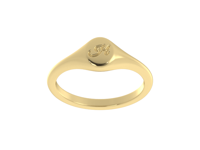 Minimalist ladies’ signet ring with custom script initial in solid 14K yellow gold. Dainty, heirloom-quality personalized jewelry for women.
