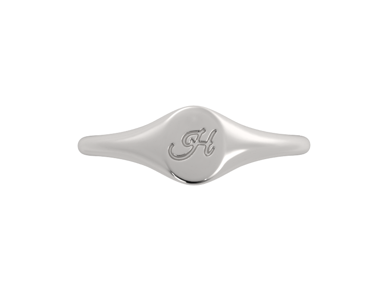 Minimalist ladies’ signet ring with custom script initial in solid gold or silver. Dainty, heirloom-quality personalized jewelry for women.