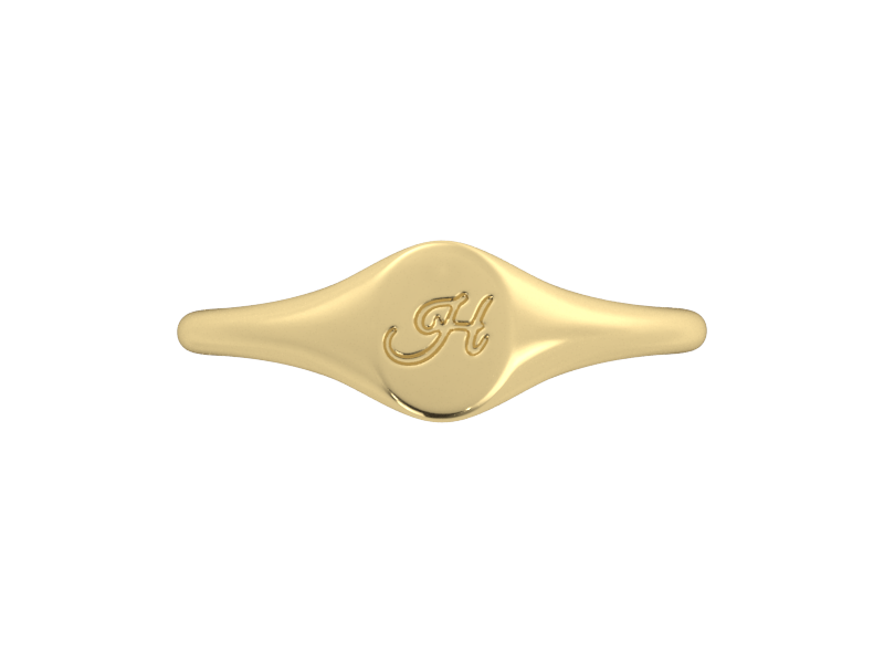 Minimalist ladies’ signet ring with custom script initial in solid 14K yellow gold. Dainty, heirloom-quality personalized jewelry for women.