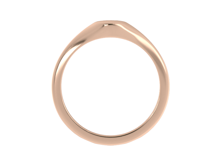 Minimalist ladies’ signet ring with custom script initial in solid 14K rose gold. Dainty, heirloom-quality personalized jewelry for women.
