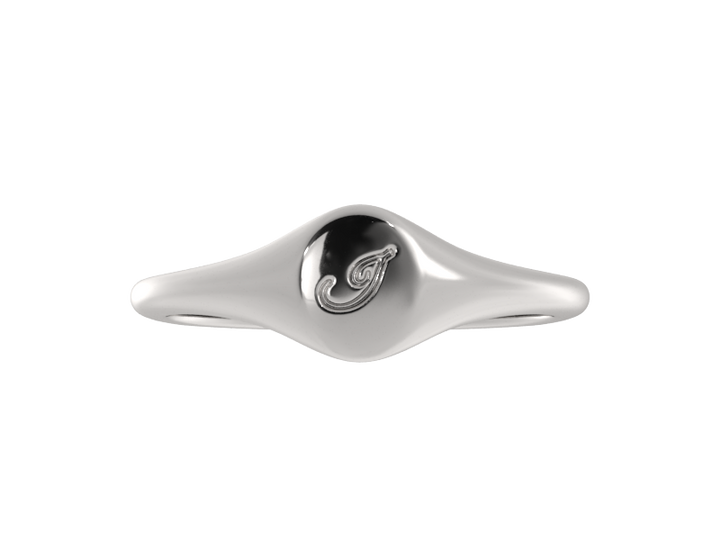 Minimalist ladies’ signet ring with custom script initial in solid gold or silver. Dainty, heirloom-quality personalized jewelry for women.