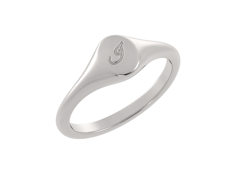 Minimalist ladies’ signet ring with custom script initial in solid gold or silver. Dainty, heirloom-quality personalized jewelry for women.