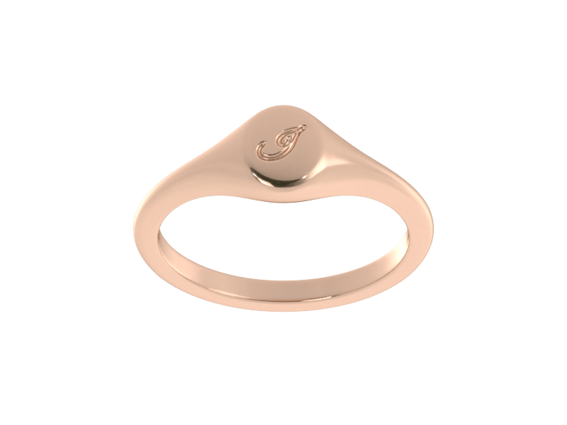 Minimalist ladies’ signet ring with custom script initial in solid 14K rose gold. Dainty, heirloom-quality personalized jewelry for women.