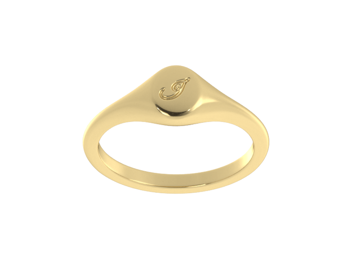 Minimalist ladies’ signet ring with custom script initial in solid 14K yellow gold. Dainty, heirloom-quality personalized jewelry for women.