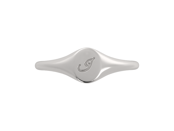 Minimalist ladies’ signet ring with custom script initial in solid gold or silver. Dainty, heirloom-quality personalized jewelry for women.