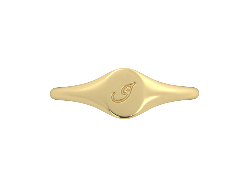 Minimalist ladies’ signet ring with custom script initial in solid 14K yellow gold. Dainty, heirloom-quality personalized jewelry for women.