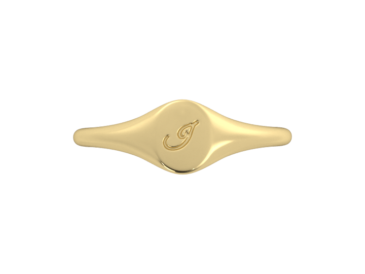 Minimalist ladies’ signet ring with custom script initial in solid 14K yellow gold. Dainty, heirloom-quality personalized jewelry for women.