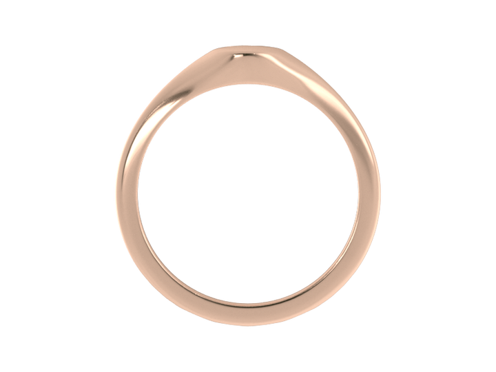 Minimalist ladies’ signet ring with custom script initial in solid 14K rose gold. Dainty, heirloom-quality personalized jewelry for women.