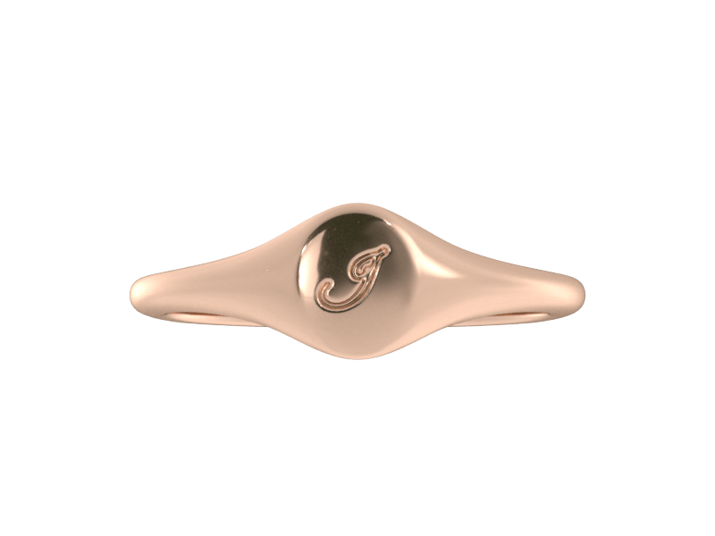 Minimalist ladies’ signet ring with custom script initial in solid 14K rose gold. Dainty, heirloom-quality personalized jewelry for women.