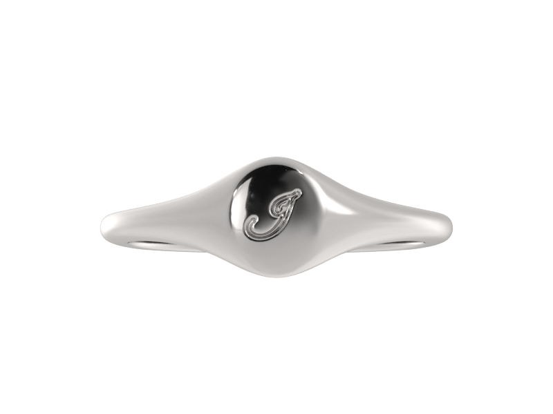Minimalist ladies’ signet ring with custom script initial in solid gold or silver. Dainty, heirloom-quality personalized jewelry for women.