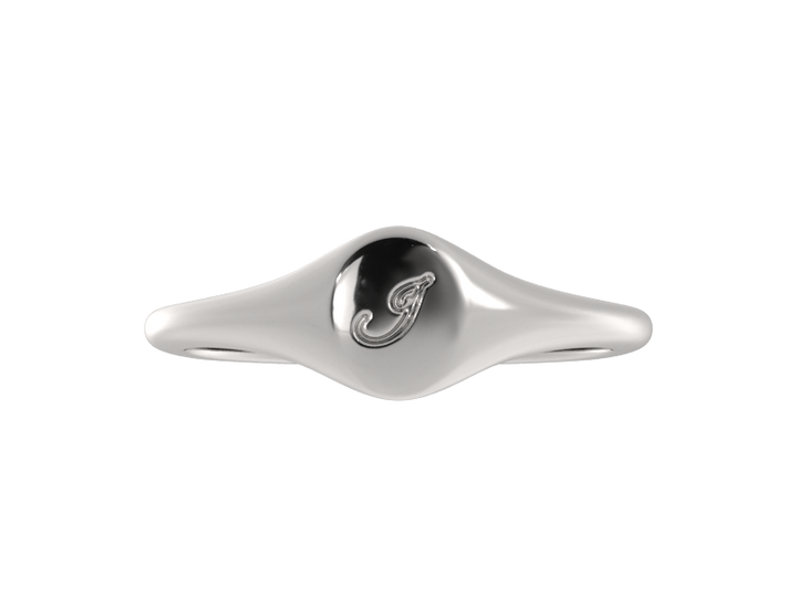 Minimalist ladies’ signet ring with custom script initial in solid gold or silver. Dainty, heirloom-quality personalized jewelry for women.