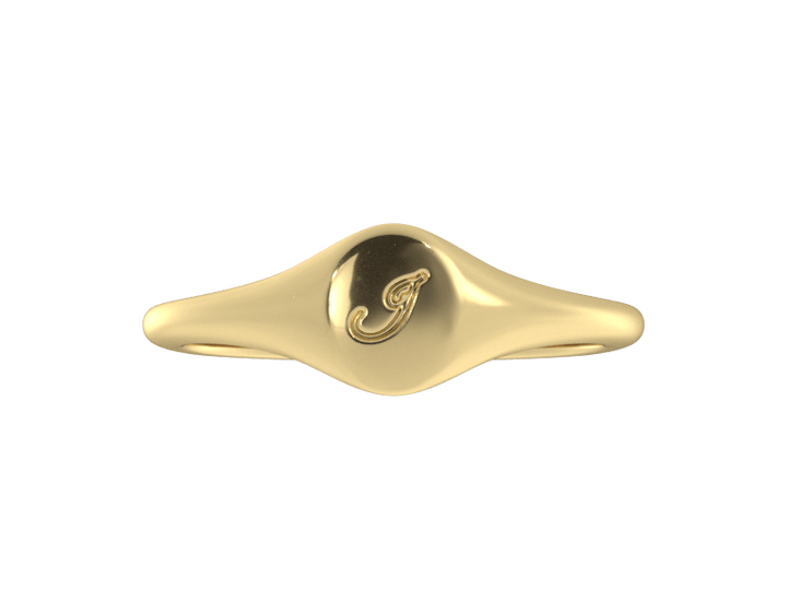 Minimalist ladies’ signet ring with custom script initial in solid 14K yellow gold. Dainty, heirloom-quality personalized jewelry for women.