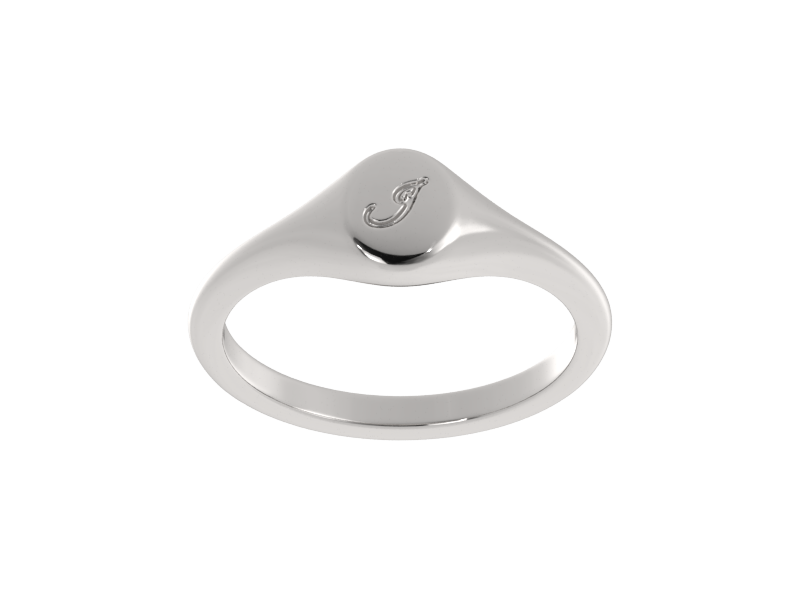 Minimalist ladies’ signet ring with custom script initial in solid gold or silver. Dainty, heirloom-quality personalized jewelry for women.