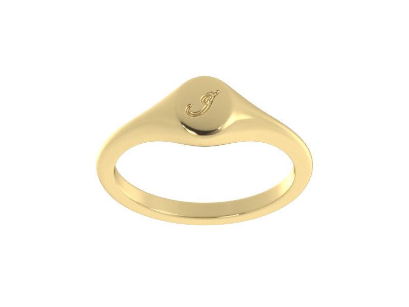 Minimalist ladies’ signet ring with custom script initial in solid 14K yellow gold. Dainty, heirloom-quality personalized jewelry for women.