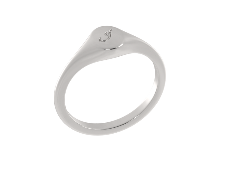 Minimalist ladies’ signet ring with custom script initial in solid gold or silver. Dainty, heirloom-quality personalized jewelry for women.
