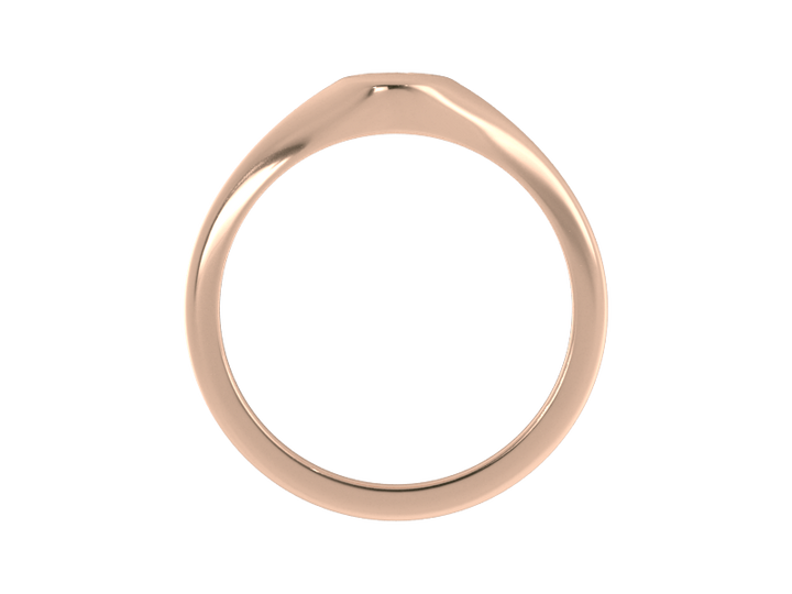Minimalist ladies’ signet ring with custom script initial in solid 14K rose gold. Dainty, heirloom-quality personalized jewelry for women.