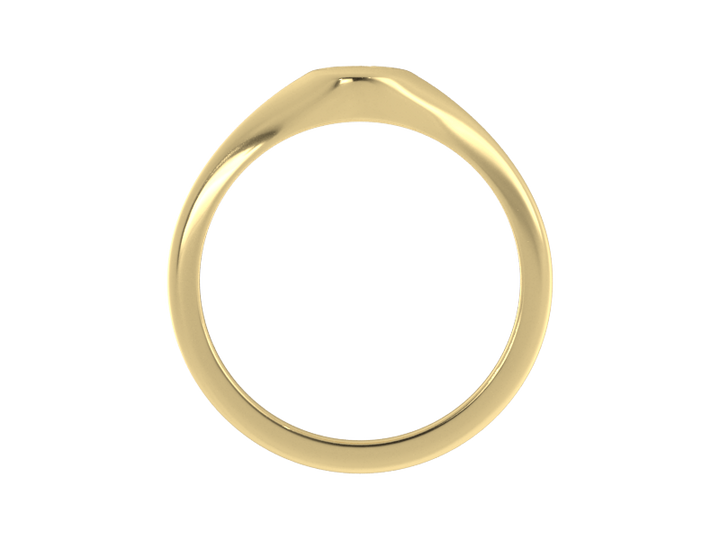Minimalist ladies’ signet ring with custom script initial in solid 14K yellow gold. Dainty, heirloom-quality personalized jewelry for women.